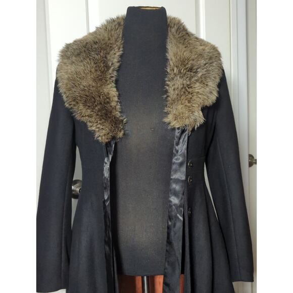H&M Womens Size 8 Black Wool Blend Coat Faux Fur Collar Vintage Style Jacket - Picture 11 of 16